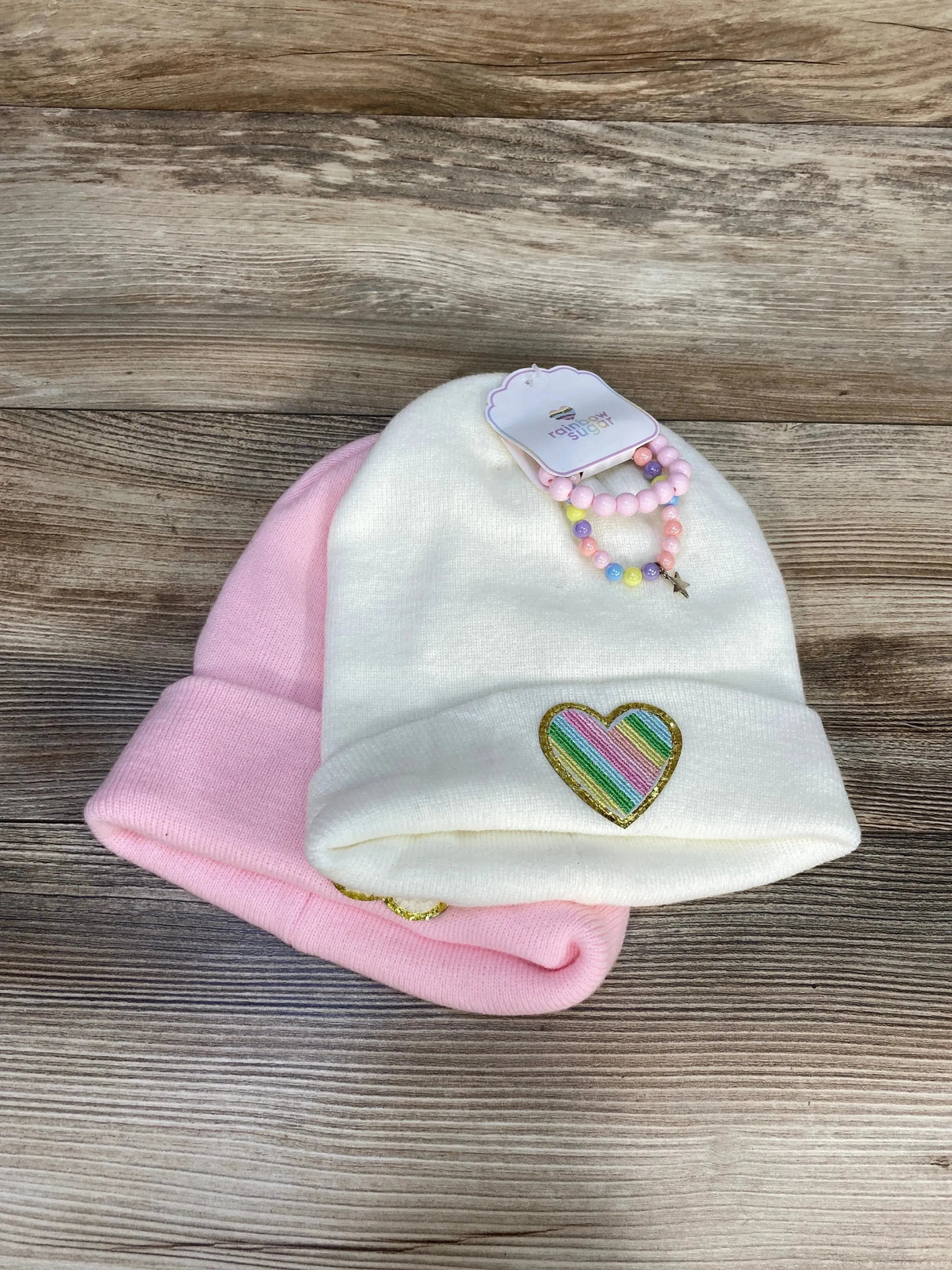 NEW Rainbow Sugar 2Pk Beanies With 2 Bracelets OSFM