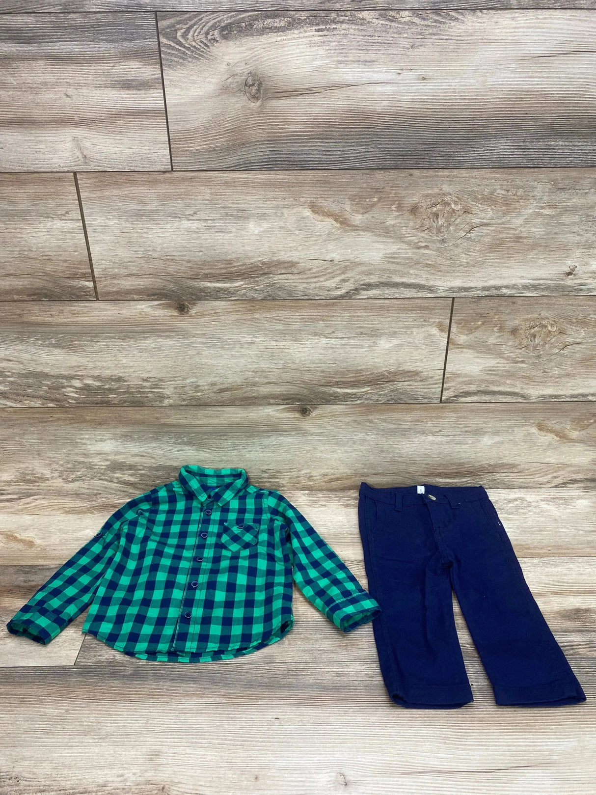 Weekend Baby 2pc Plaid Button Up Shirt & Pants Green sz 12-18m