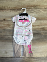 Bebe baby 4-piece set with bodysuit, pants, bib, headband for 3-6 months, pink and beige print