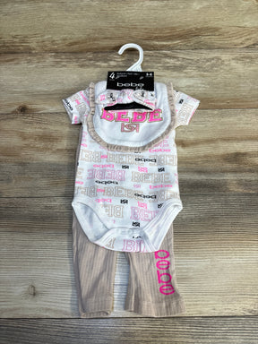Bebe baby 4-piece set with bodysuit, pants, bib, headband for 3-6 months, pink and beige print