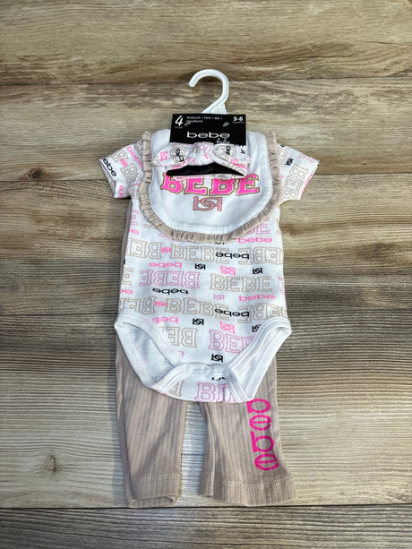 Bebe baby 4-piece set with bodysuit, pants, bib, headband for 3-6 months, pink and beige print
