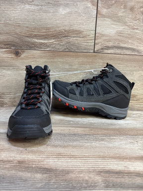 Front and side view of Cat and Jack Patsy kids black and gray hiking boots showing red-accent laces and rugged lug soles on wood floor