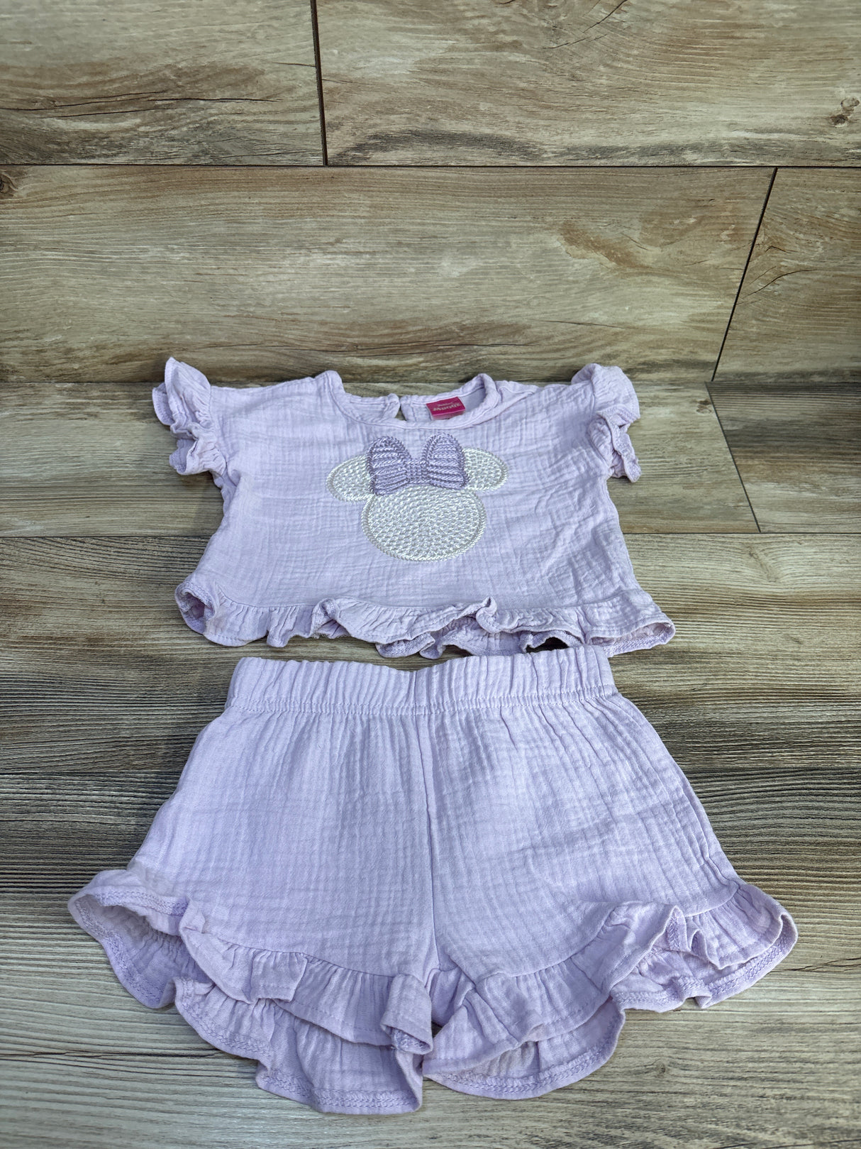 Disney Junior 2pc Minnie Mouse Embroidered Gauze Shirt & Shorts Set Purple sz 12m