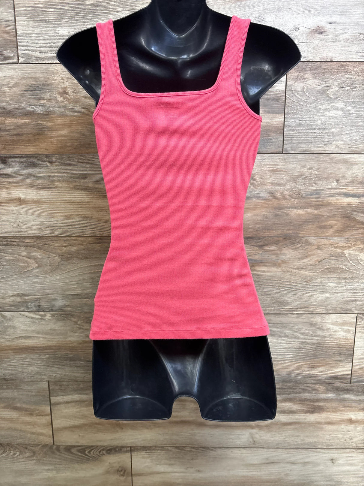 Front view of Old Navy maternity ribbed tank top, hot pink, showing square neckline and ribbed texture on black mannequin