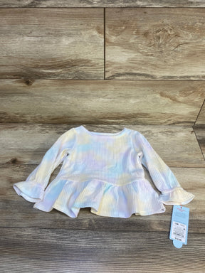 Long sleeve ruffle baby top with pastel tie-dye pattern and ribbed texture, size 12M