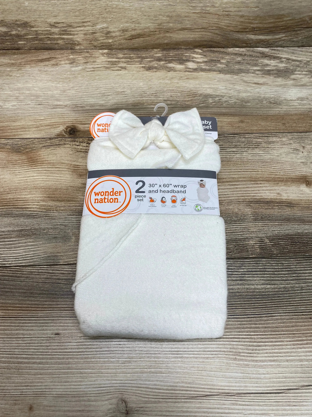 NEW Wonder Nation 2Pc Set  30"X60" Swaddle Wrap with Bow Headband Ivory