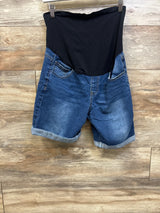 Maternity full panel blue denim shorts by Me n Mommy To Be on a wooden background