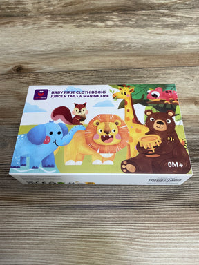 Baby cloth books box with cartoon animals, labeled 'Jungly Tails & Marine Life,' on wood table