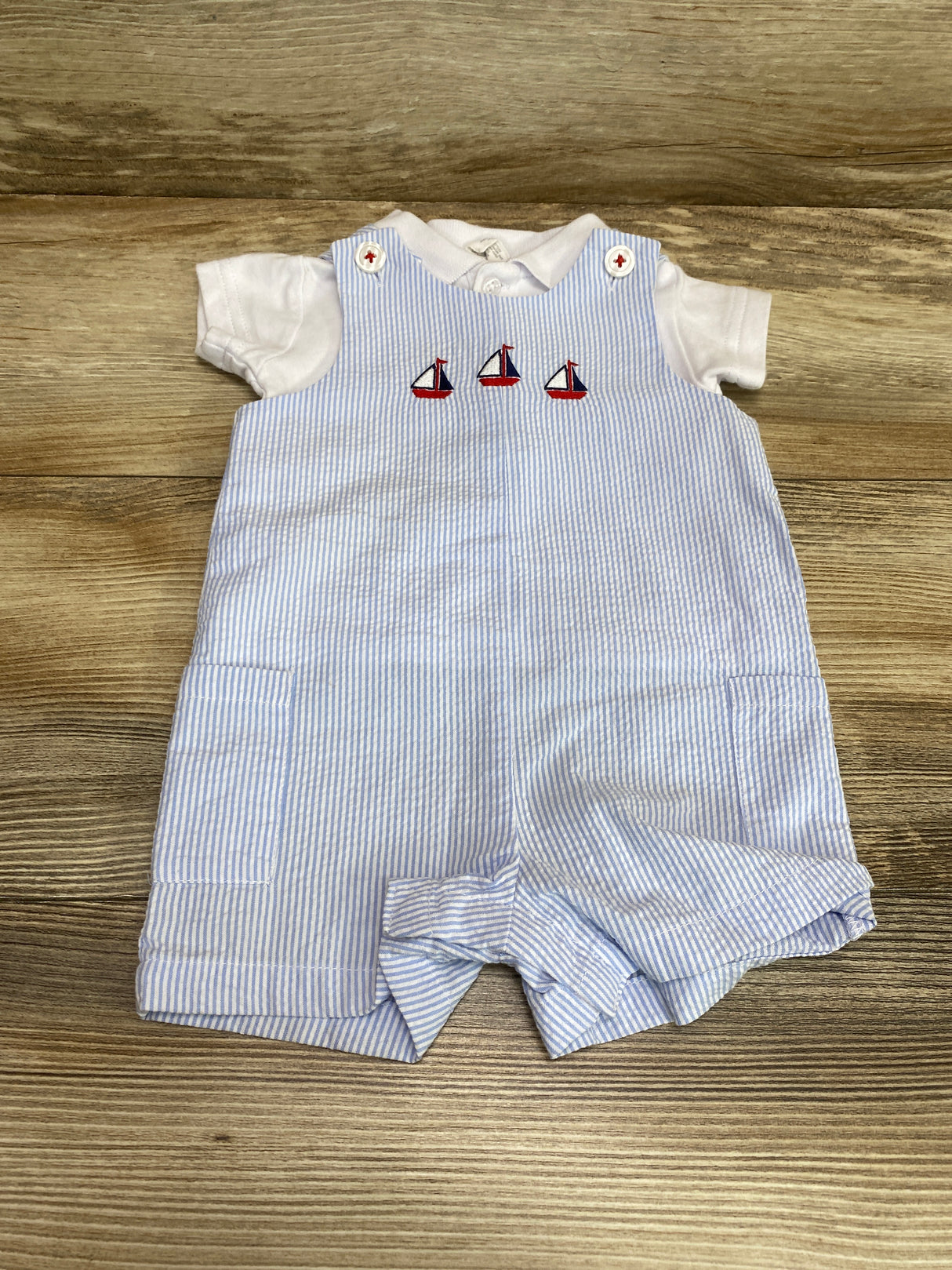 Starting Out 2pc Polo Shirt & Striped Shortall White/Blue sz 0-3m