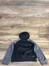 Back view of Hurley boys 5T grey and black hoodie showing hood and heather grey raglan sleeves on wood floor