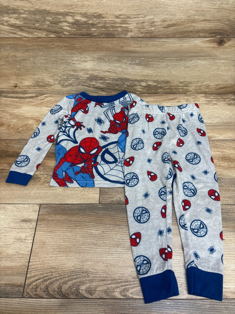 Top view of Marvel Spider-Man two-piece pajama set in gray with red and blue character graphics and navy cuffs