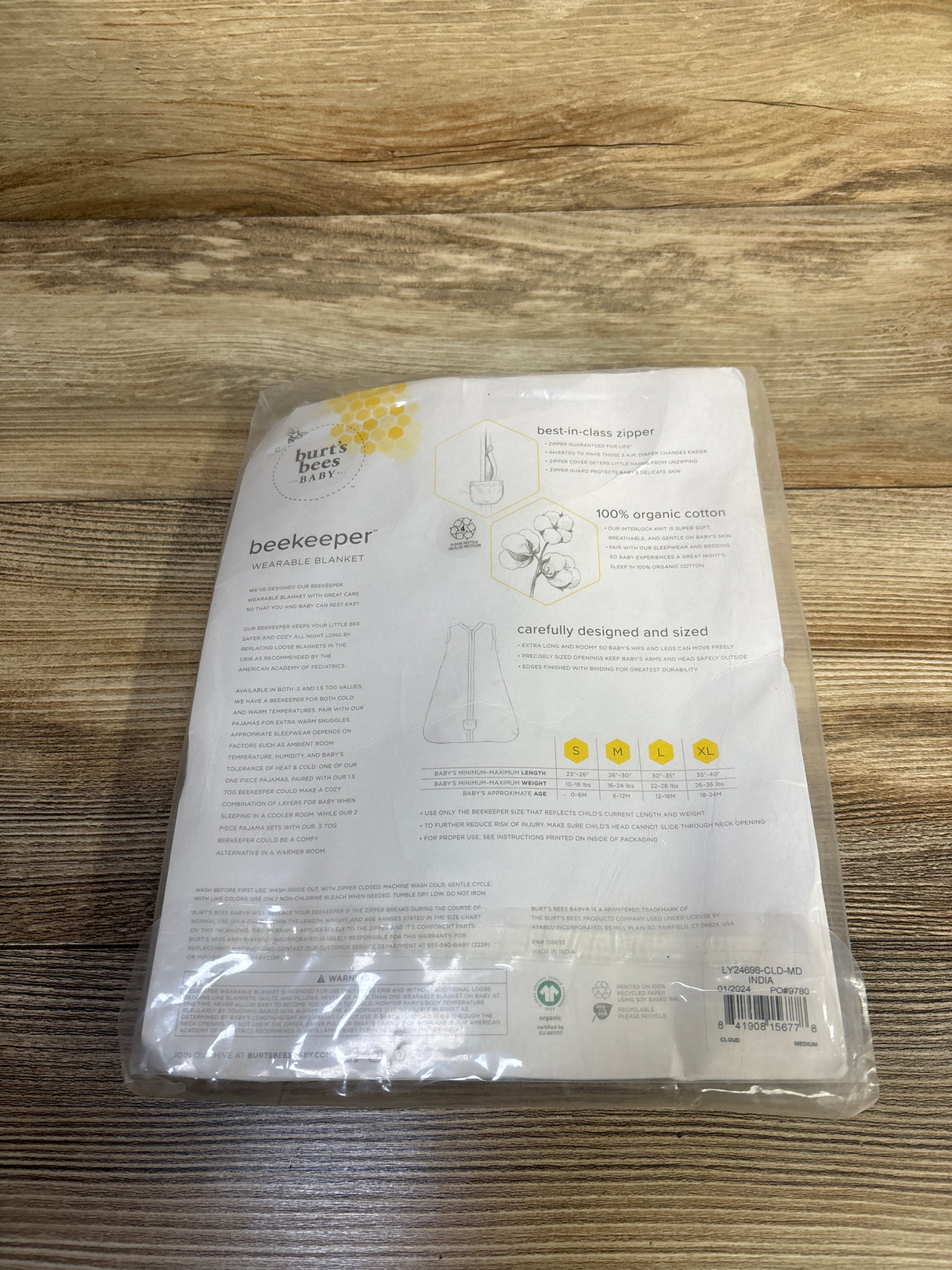 NEW Burt's Bees Baby Beekeeper Wearable Blanket White sz Medium/6-12m