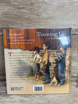 Back cover of children's book Training Up a Little Boy with illustration of three boys and a dog, rustic wooden and brick background