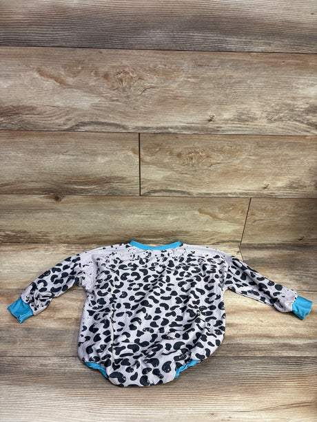 Long-sleeve bubble romper with black leopard print and turquoise trim, laid flat on a wood background