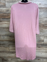 Back view of Caden Lane maternity bamboo nightgown in pink showing 3/4 sleeves and white piped collar and cuffs on wood wall
