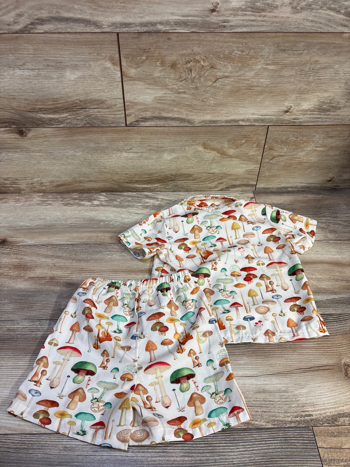 Mushroom Print 2pc Button-Up Shirt & Shorts Set Beige sz 18-24m