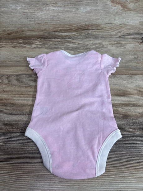 Back view of Rivalry Threads UNLV Love Rebels bodysuit size 3-6m in pink with ruffle sleeves and white trim on wood plank floor