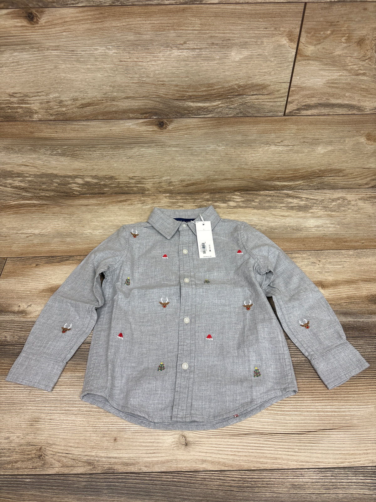 NEW Janie & Jack Embroidered Santa Button-Up Shirt Grey sz 3T