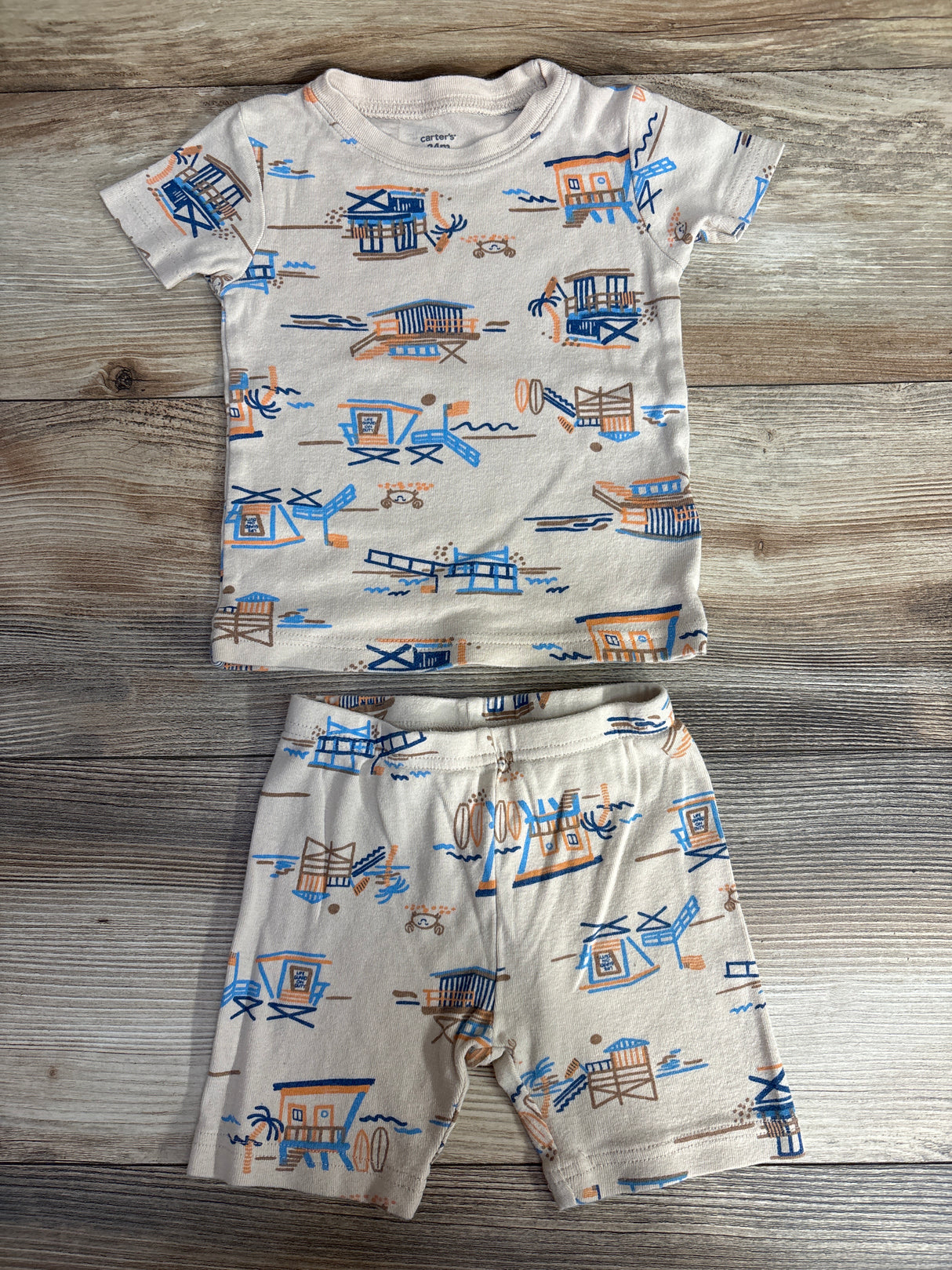 Carter's 2pc Beach Shirt & Shorts Pajama Set Beige sz 24m