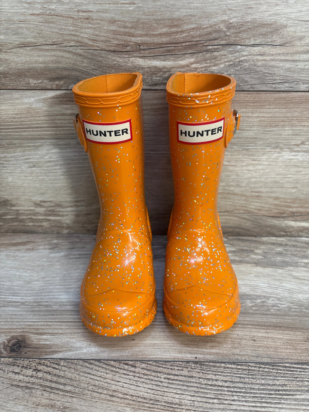 Hunter First Giant Glitter Rain Boots Orange sz 8c
