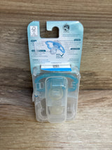 MAM baby pacifier in plastic case on wood surface, blue and clear pacifier packaging