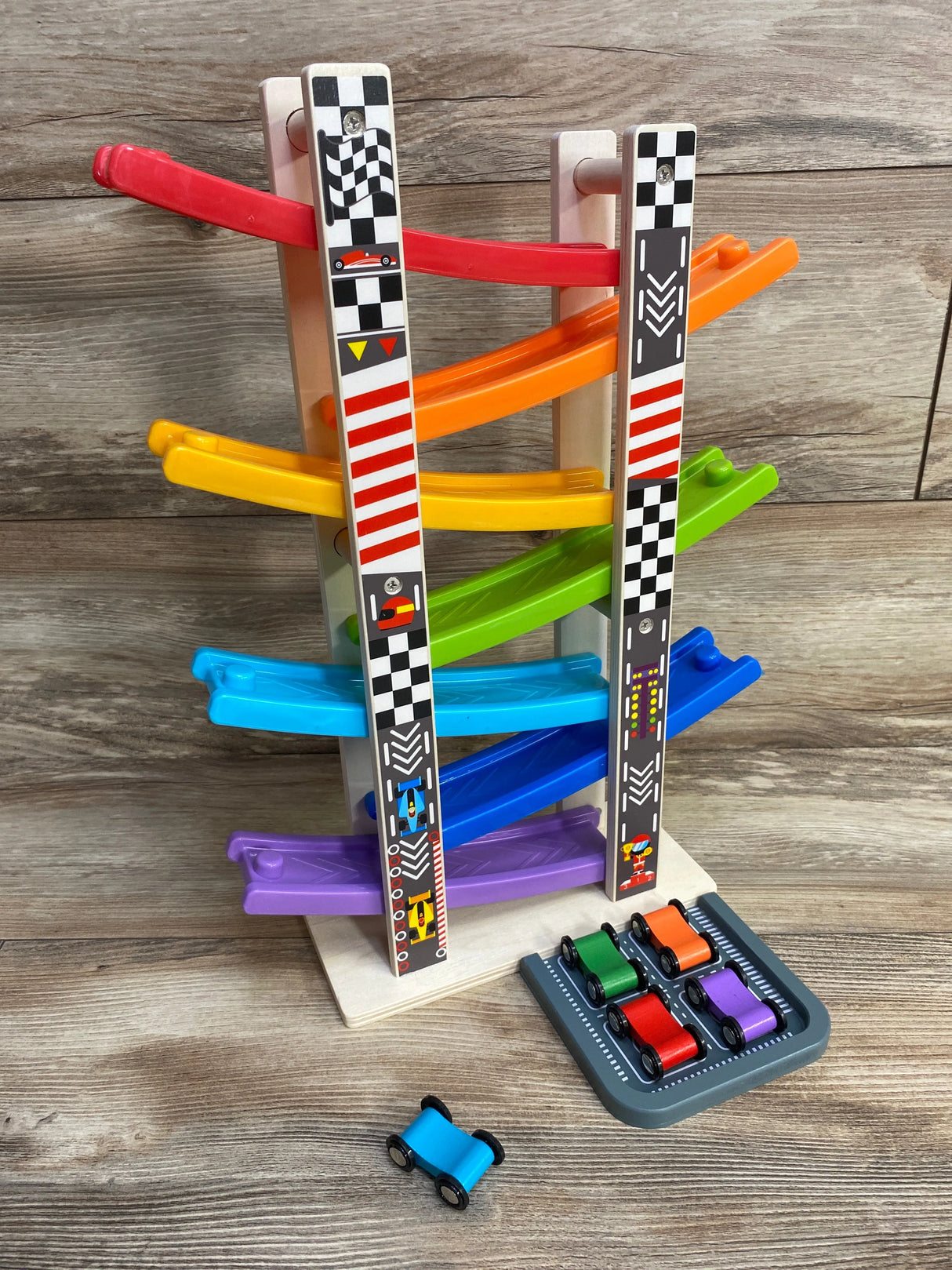 Wood City Wooden Car Ramp Racer Toy with 5 Mini Cars