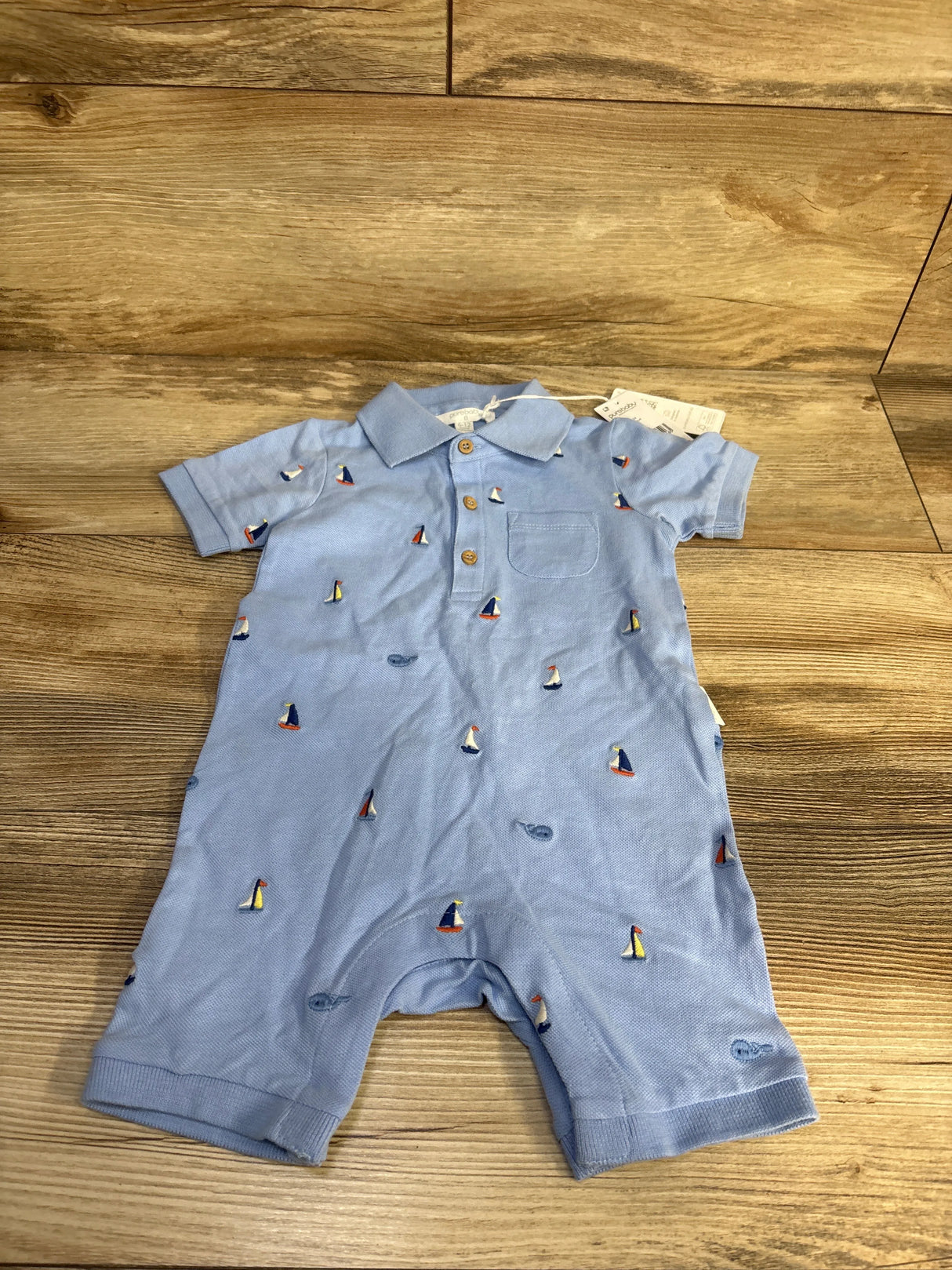 NEW Purebaby Embroidered Polo Romper Blue sz 6-12m
