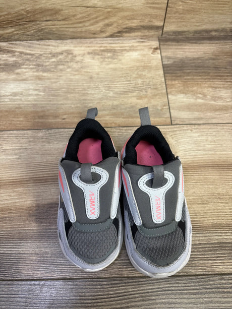 Top view of Nike Air Max Bolt TD Smoke Grey Pink sneakers showcasing gray mesh uppers and pink interiors on a wood floor
