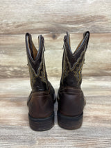 Rear view of Texas Gold Minors brown square toe kids cowboy boots showcasing black and gold stitched shafts on a wood background
