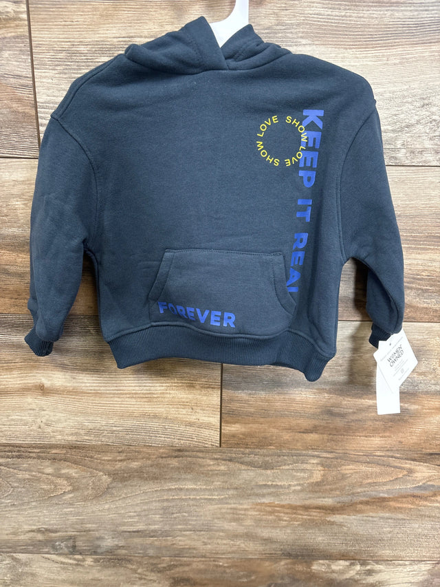 Kids dark gray hoodie with blue 'KEEP IT REAL FOREVER' text and yellow 'SHOW LOVE' circle design