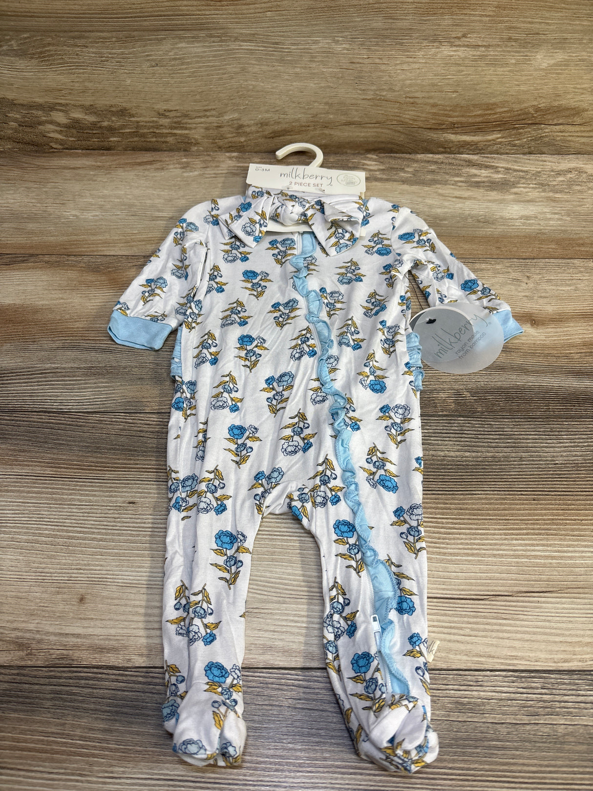 NEW Milkberry 2pc Bamboo Ruffle Sleeper & Headband Set White sz 0-3m