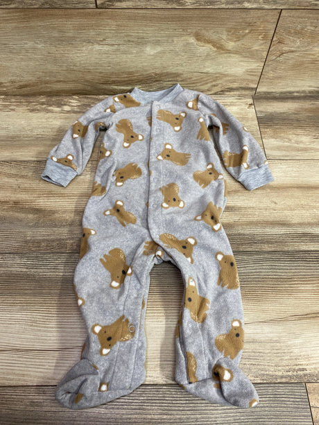 Front view of Just One You gray blanket snap sleeper in size 9 months with brown bear print and footed legs