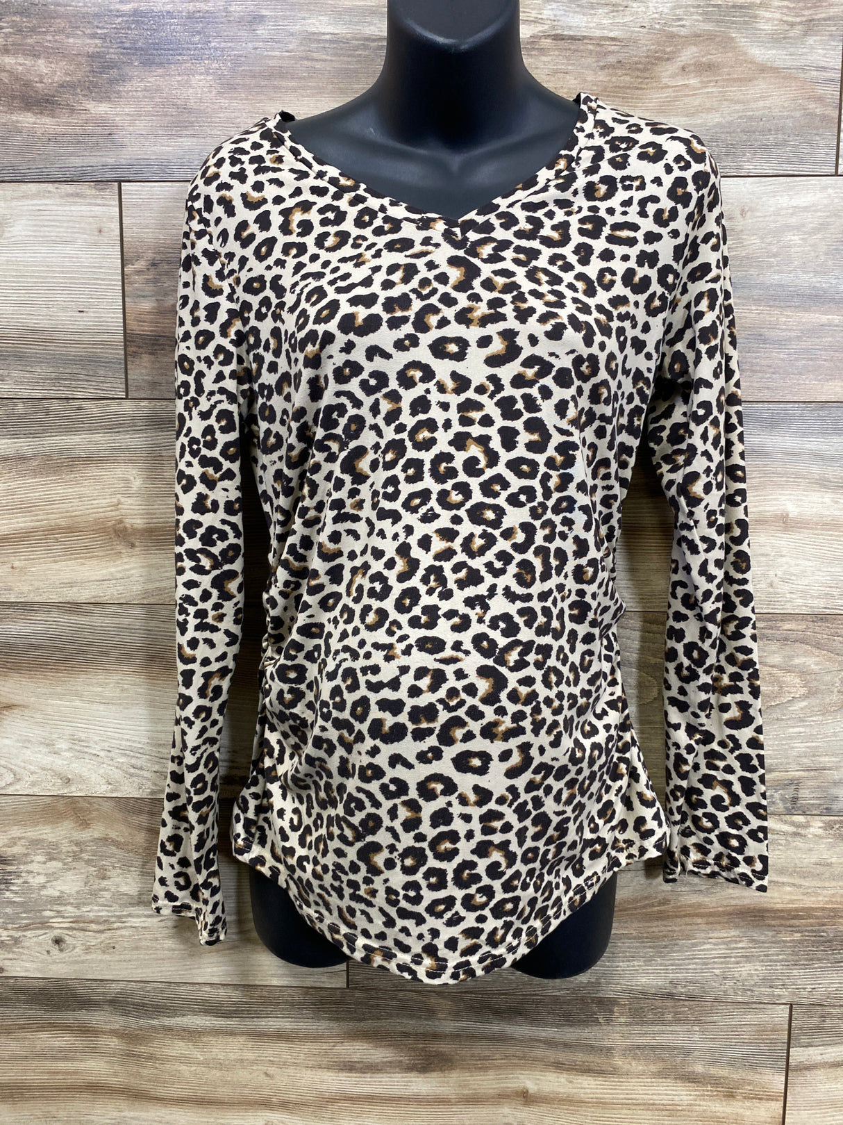 Winter Wren Leopard Print Ruched Long Sleeve Shirt Tan sz Large