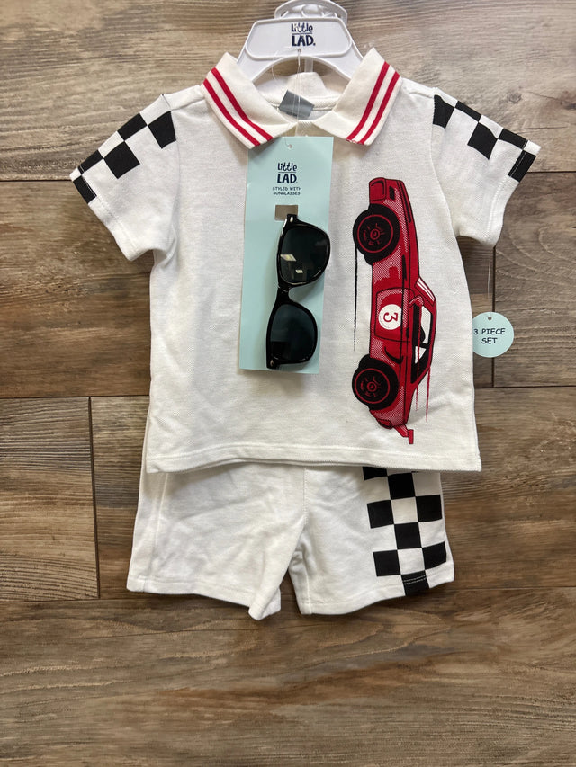 Top-down view of Little Lad white 3-piece polo shirt, shorts, and sunglasses set with racing car and checkered accents