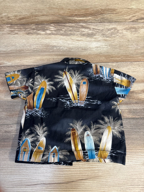 Kids' Hawaiian shirt with surfboards, palm trees, and Aloha print on dark background