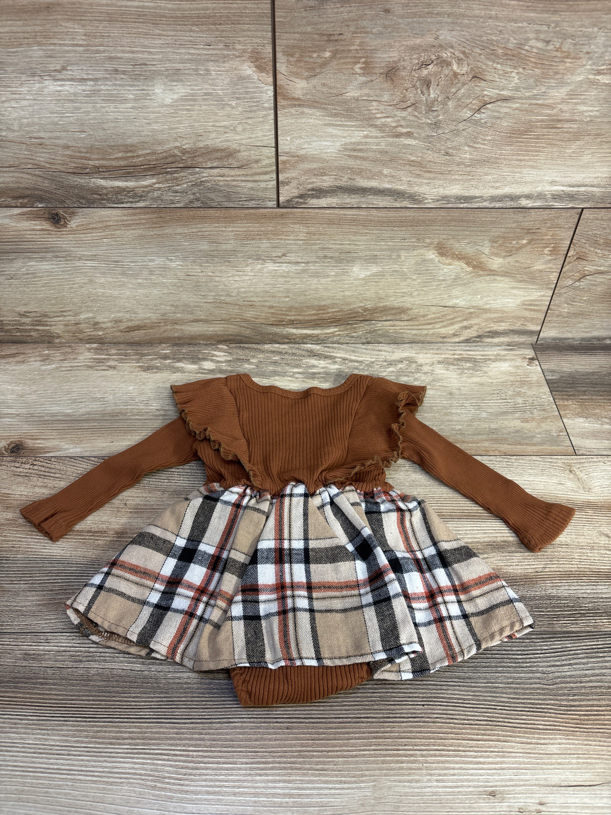 Plaid Ribbed Bodysuit Dress Brown sz 6-9m
