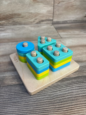 Colorful wooden shape sorting toy with pegs for toddler learning and development