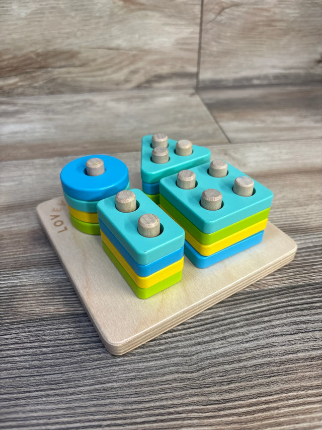 Colorful wooden shape sorting toy with pegs for toddler learning and development