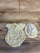 Nicole Miller 2pc Lemon Henley Bubble Romper & Bucket Hat White sz 3-6m
