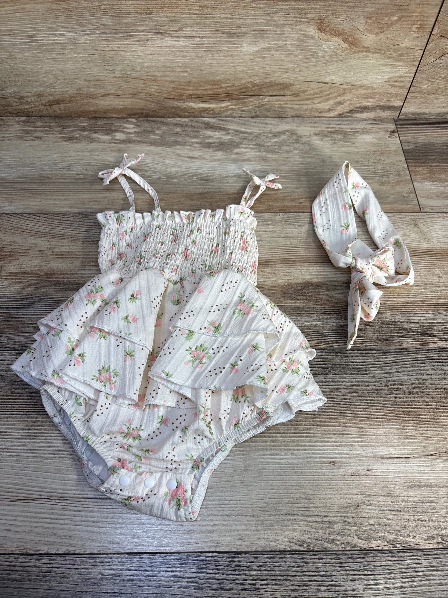 Partclots 2pc Sleeveless Ruffle Skirted Romper & Headband Set Ivory sz 6-9m