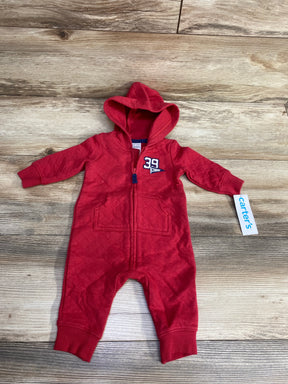 Red baby hooded one-piece romper with zip front and "39 Champ" emblem by Carter's on wood floor