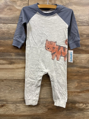 Baby long sleeve romper with cartoon tiger print and gray sleeves displayed on hanger