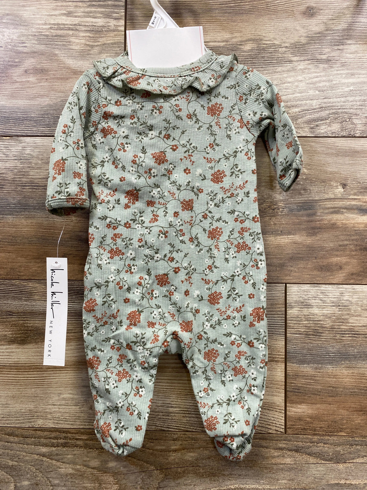 NEW Nicole Miller 2pc Ruffled Floral Sleeper & Hat Set Sage sz 0-3m