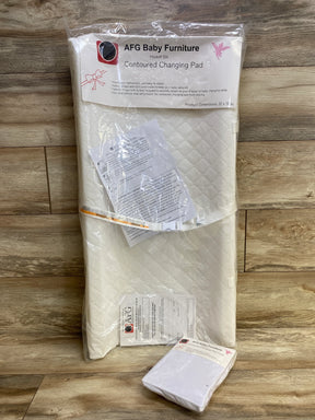 AFG contoured changing pad with cover, quilted white vinyl, packaged on wooden floor