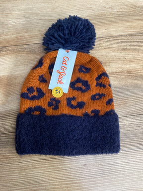 Cat & Jack knit pom pom beanie with orange and navy leopard print and navy cuff