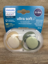 NEW Philips Avent Ultra Soft 2pk Pacifiers Green/Orange 0-6m