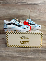 Disney Vans kids sneakers with Mickey Mouse design, blue checkered pattern, and gold box