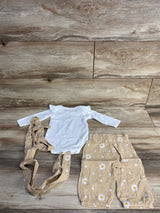 3pc Ribbed Bodysuit & Floral Muslin Bottoms Set White sz 0-3m