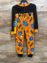 Front view of Sonic the Hedgehog two-piece Halloween pajamas with black top and orange pumpkin-print pants, size 4T