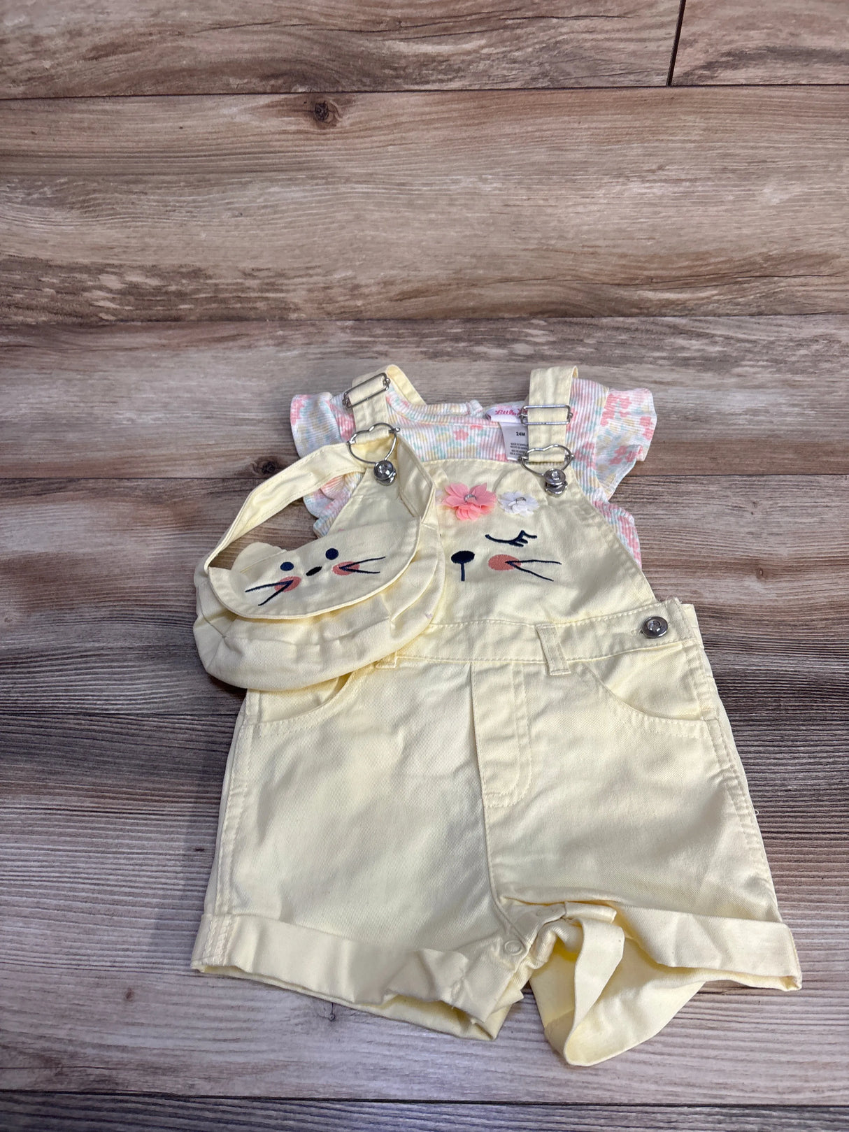 Little Lass 3pc Cat Shortall Set with Purse Yellow sz 24m